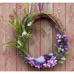 12” Wreath Easter Spring Shades of Purple & Lavender Flowers Greenery Eggs